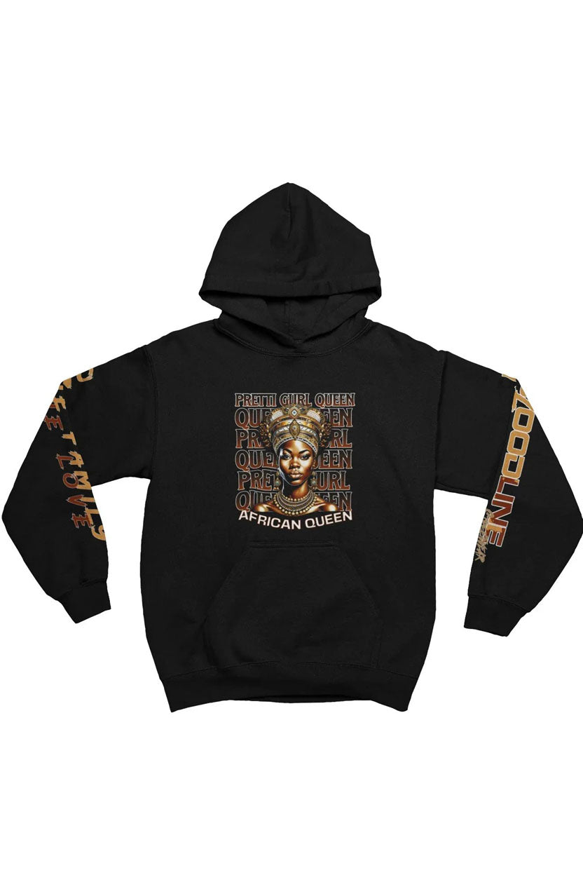 Black hoodie with 'African Queen' design on a white background